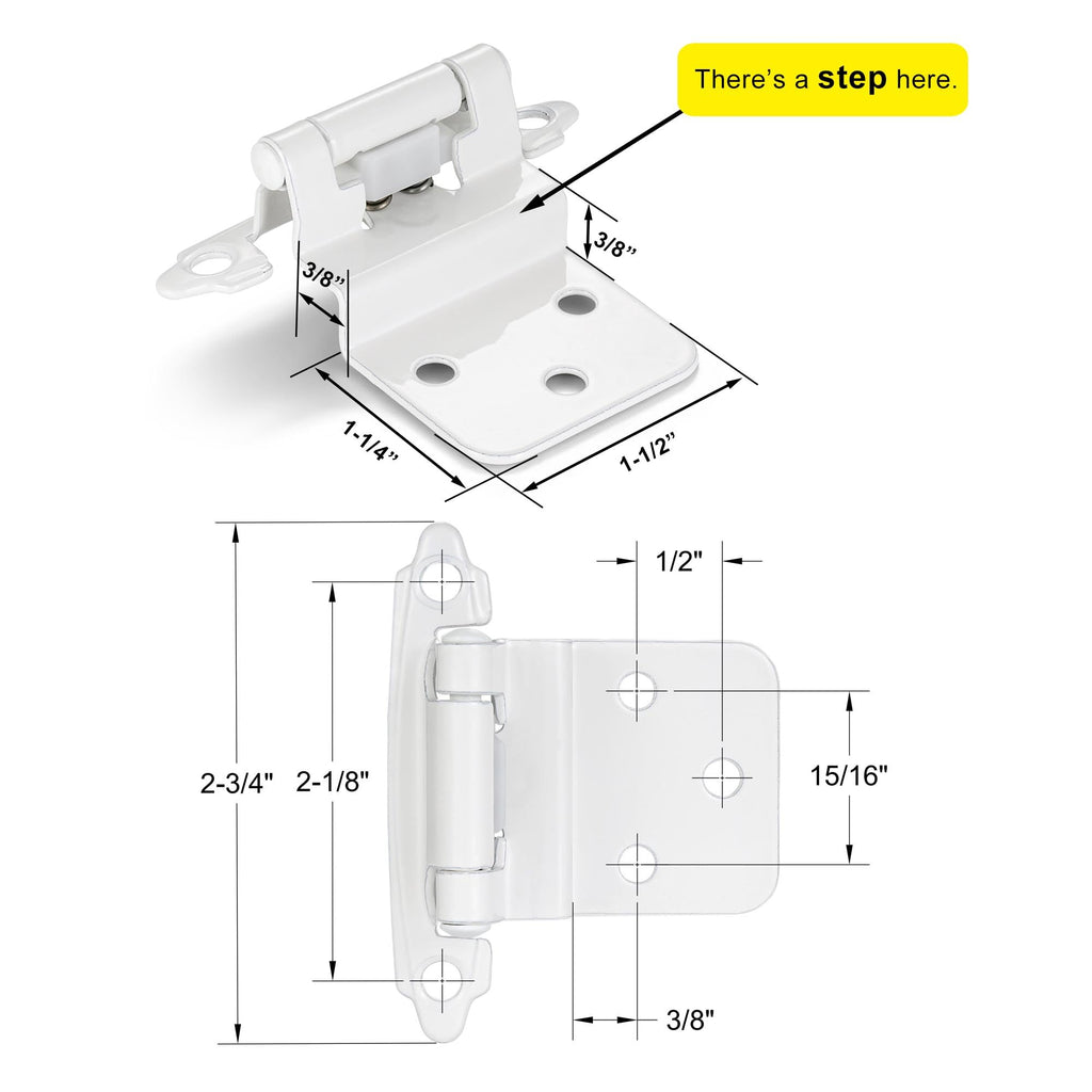 White Cabinet Hinges, 3/8" Inset, 4 Pack