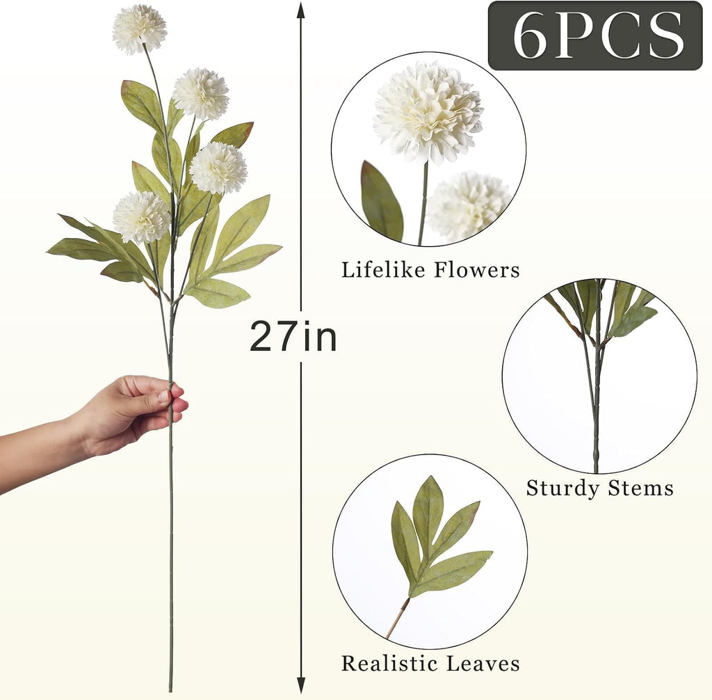 6 Pcs 27" Faux Silk Pompon Mum Artificial Flowers for Vase(Cream) | Bulk Fake Chrysanth Branches with Stems, for DIY