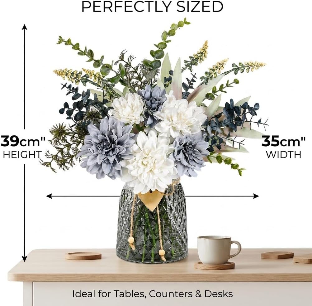 Blue Artificial Flowers with Glass Vase - Realistic Silk Dahlias Hydrangeas Bouquet with Wooden Heart Charm