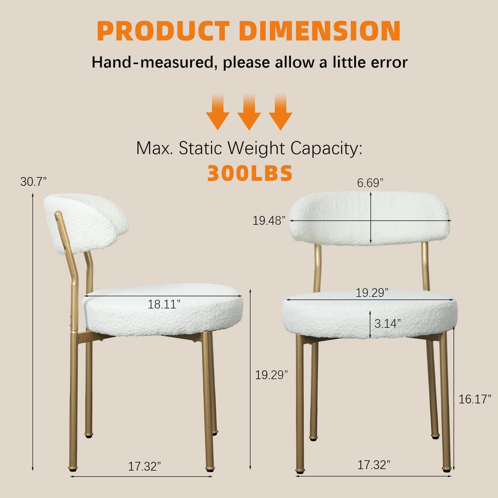 Beige Boucle Set of 2, Kitchen Dining Room Chairs Curved Backrest Upholstered Mid Century Modern Chairs with Golden