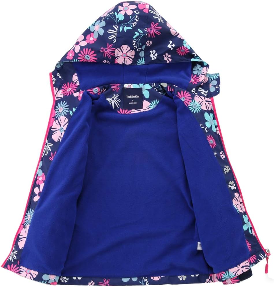 Girls Outdoor Floral Fleece Lined Light Windproof Jacket with Hood