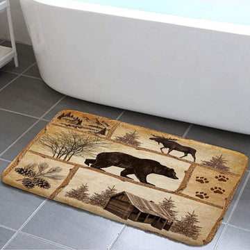 Rustic Cabin Bath Rug, Farmhouse Country Antique Bear Moose Forest Vintage Wood Decor Non Slip Bath Mats, Hunting