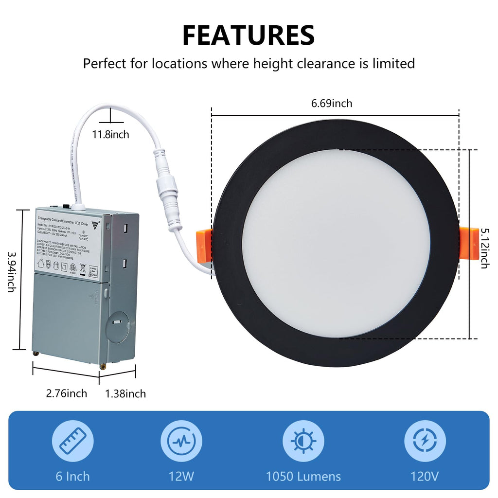 Black Recessed Lights Canless 6 Inch Wafer Pot Lighting, 6 Pack