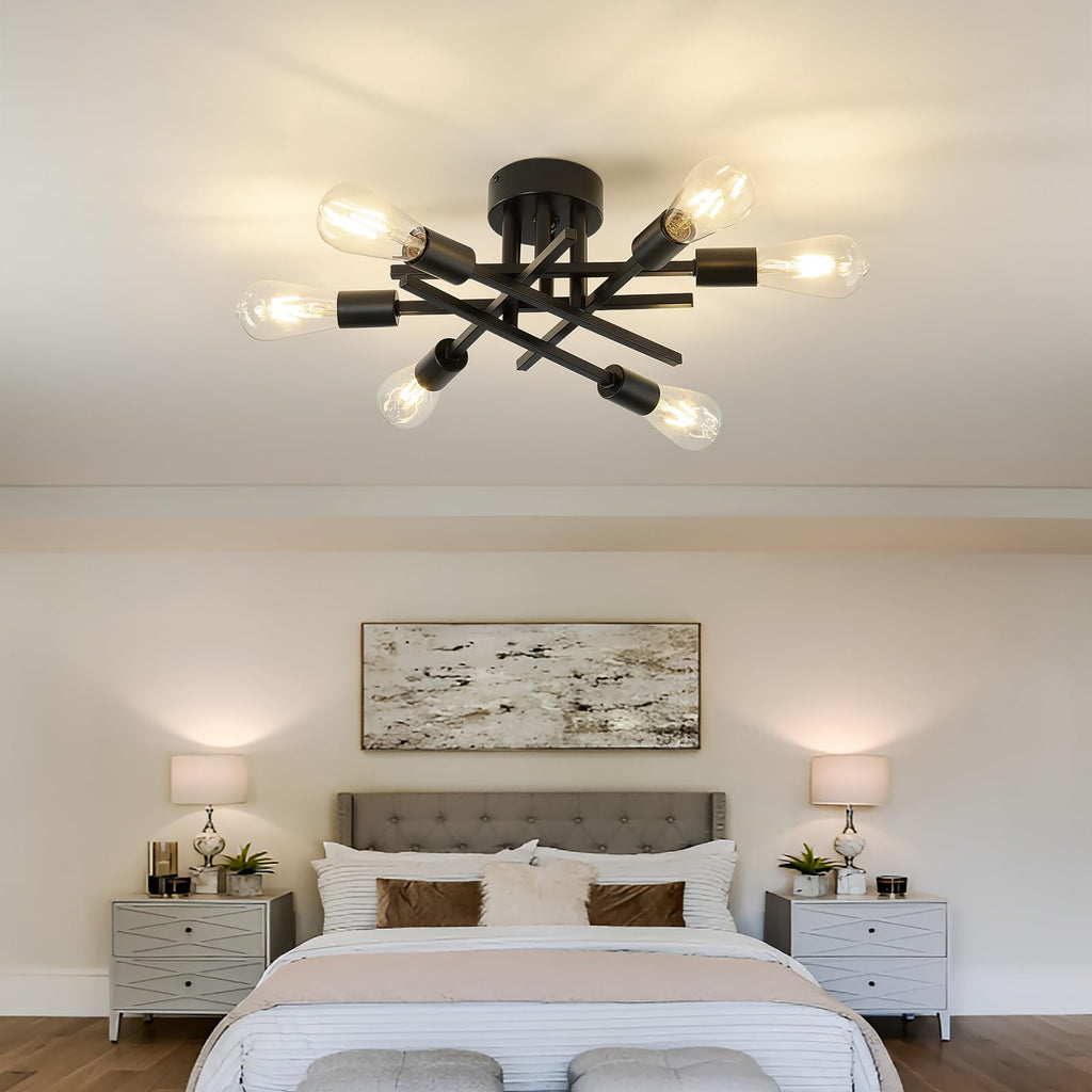 Semi Flush Mount Motion Sensor Ceiling Light Fixture, 6 Lights Black Vintage Matte Sputnik Chandelier Ceiling Lamp