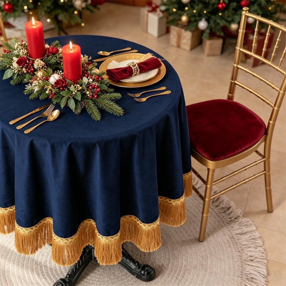 Round Velvet Tablecloth, 48 Inch Navy Blue Decorative Table Cover with Gold Tassel Trim, Heavy Soft Plush Fabric