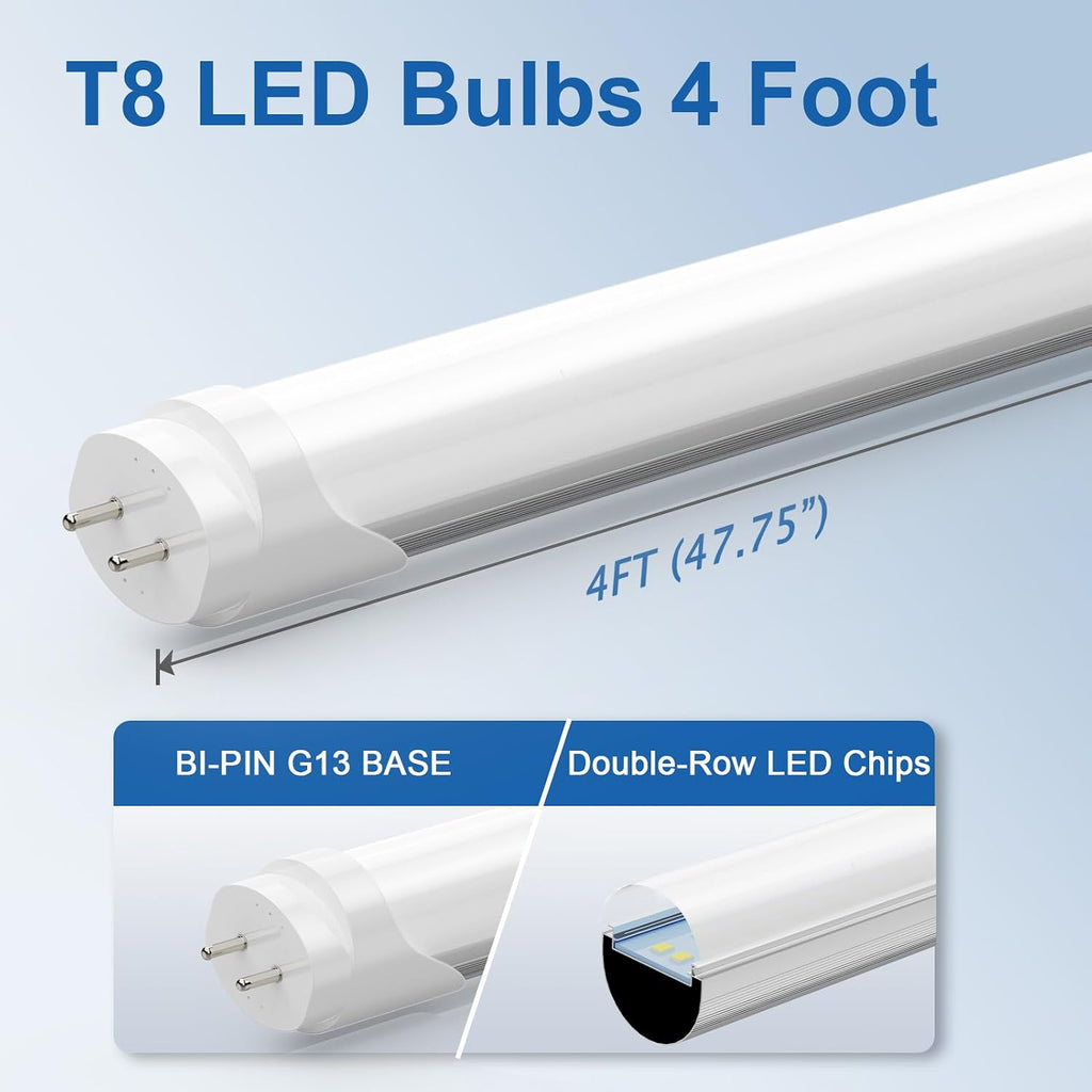 T8 LED Bulbs 4Ft, 24W 3120 Lumen, T10 T12 65W Equivalent Fluorescent Replacement, 6500K Cool White, Type A+B 4 Foot