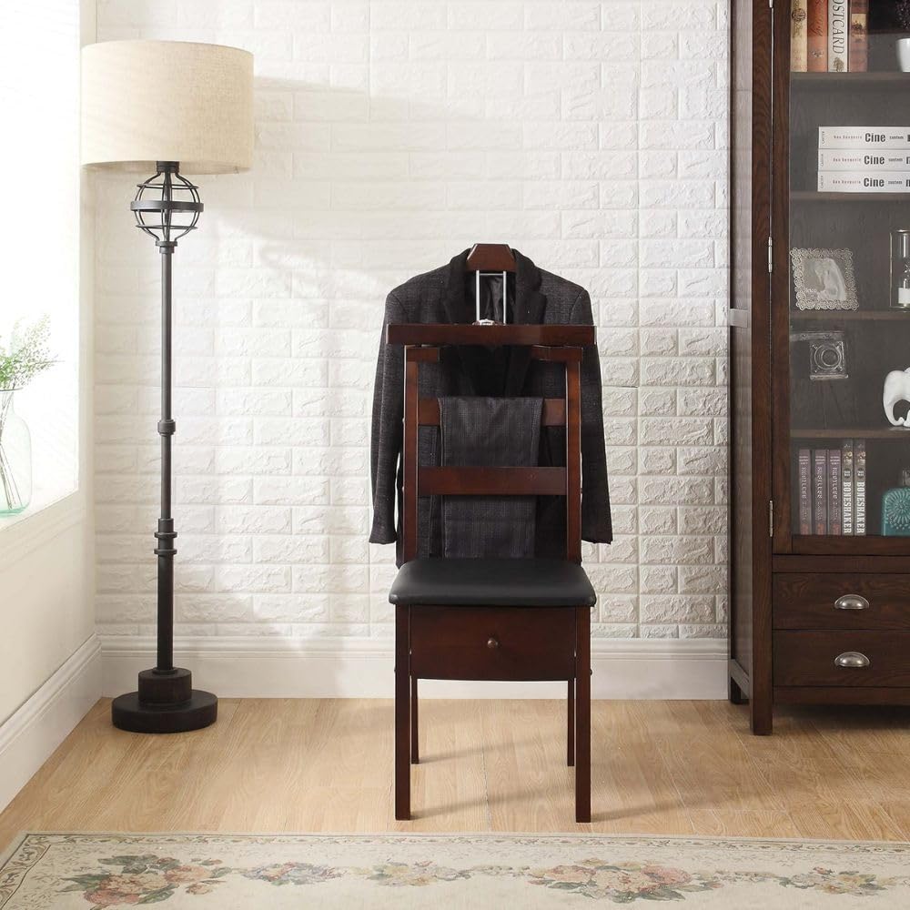 Wooden Chair Valet with Drawer Hanger Trouser Bar Belt And Tie Rack Storage Seat Luxury Suit Stand Clothes Organizer