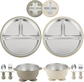 8PCS Baby Feeding Set | Stainless Steel Suction Plates and Bowls with Silicone Fork and Spoon Utensils | Baby Led