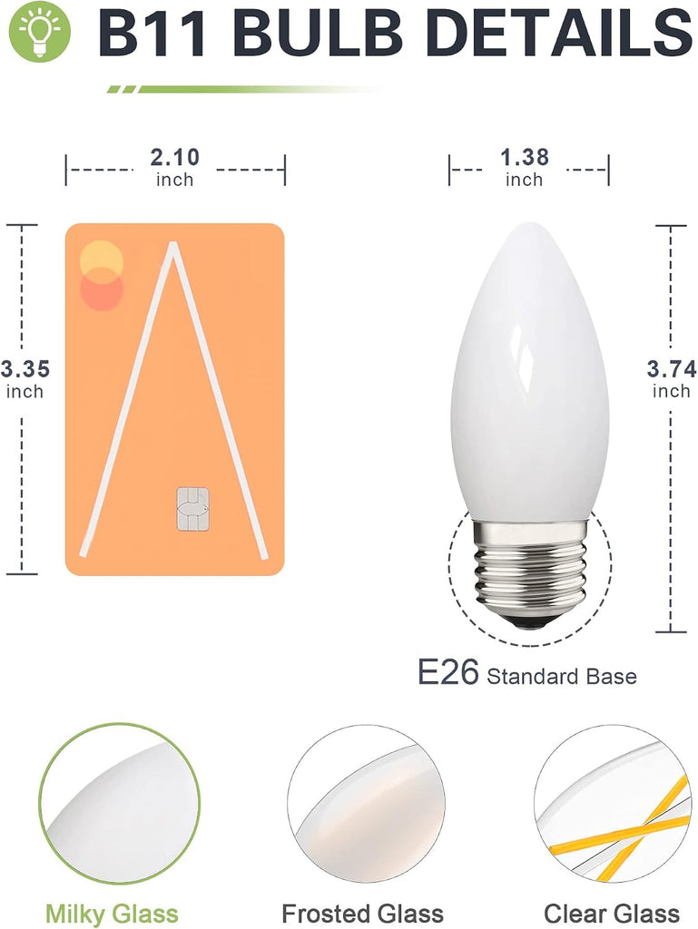 40W Equivalent B11 LED Light Bulb, Soft White 3000K, Milky Glass, 400LM, Dimmable, 4 Watt E26 Standard Base LED