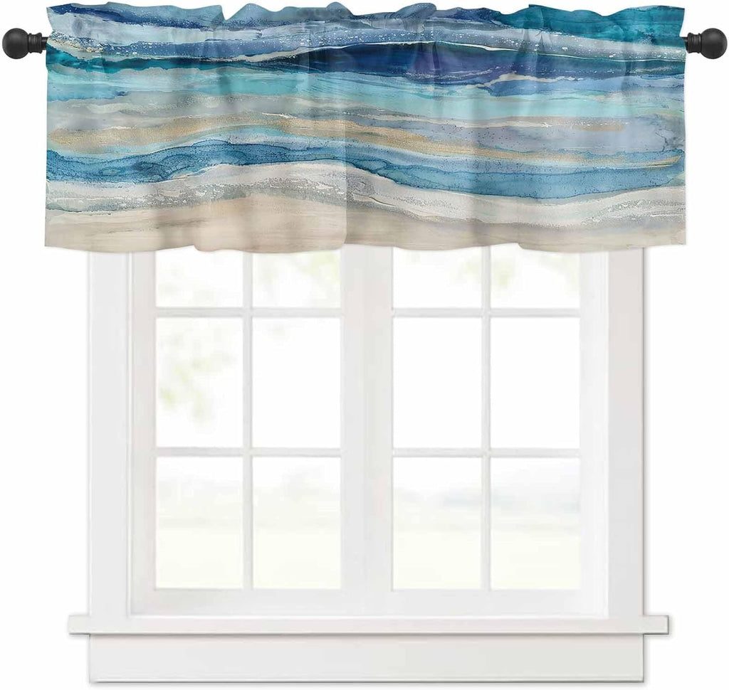 Coastal Beach Valances - Navy Blue Kitchen Curtains - Abstract Blue Wave Window Treatment - Modern Ombre Valances