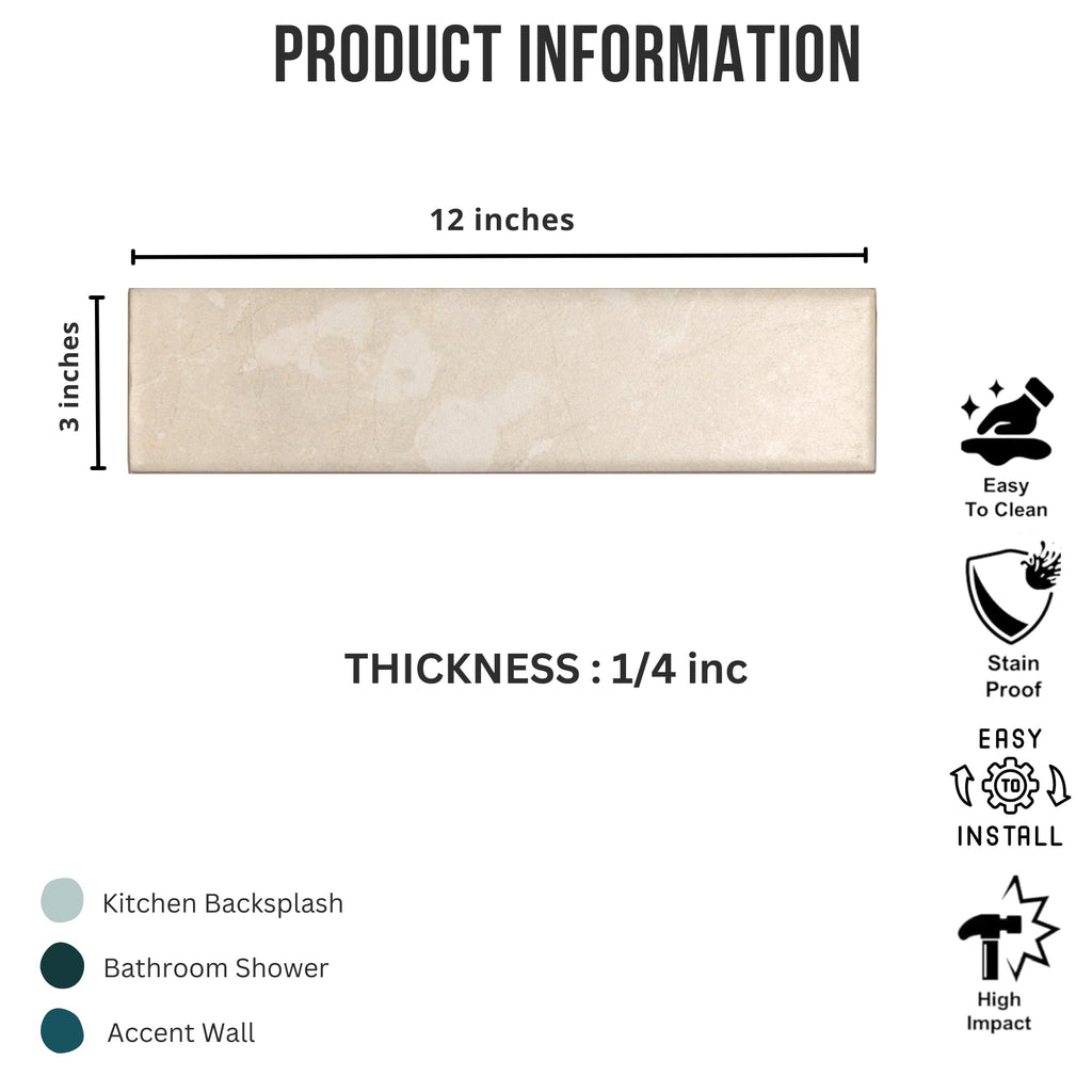 Ivory Sand 3x12 Matte Porcelain Subway Tile - Soft Stone Look Wall Tile Backsplash, Bathroom & Shower Walls (1 Piece)