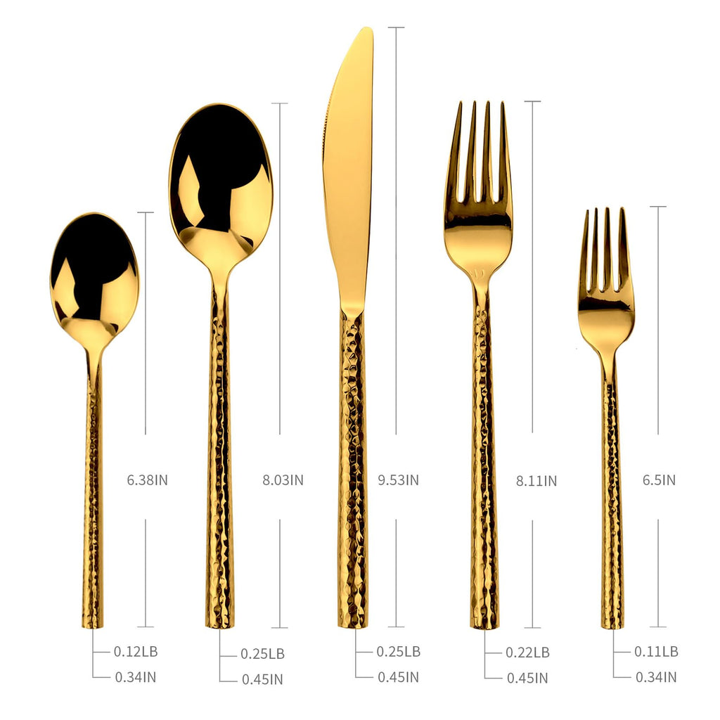 Gold Flatware Set Round Hammered Handle 20 Pieces Service for 4