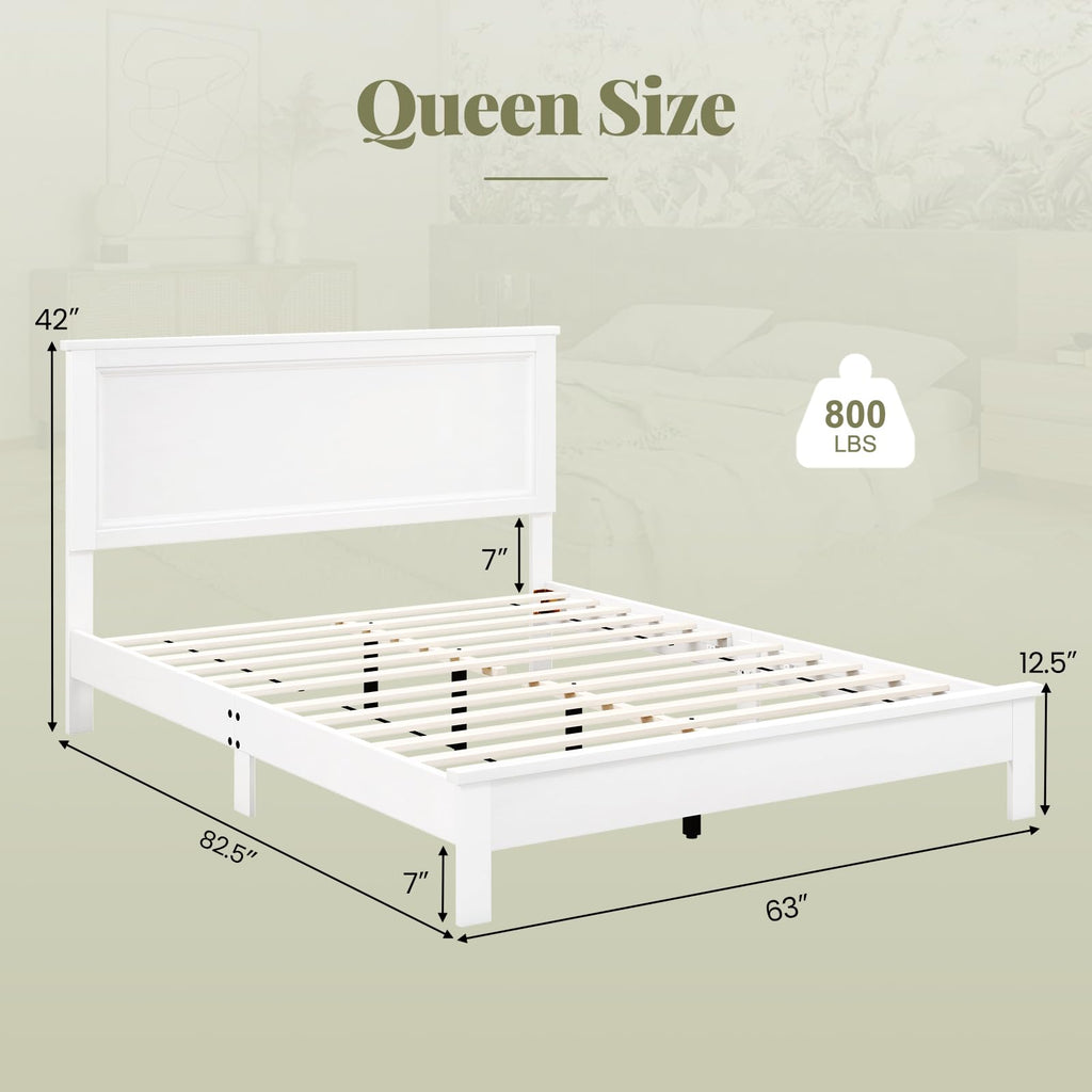 Wood Queen Platform Bed Frame with Headboard, Mid Century Bed Frame with Solid Wood Legs & Wooden Slat Support, No