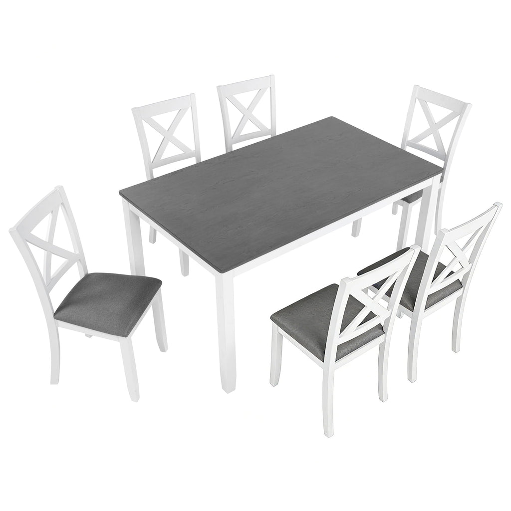 Modern 7-Piece Dining Set, 58.5" Solid Wood Table & 6 Padded X-Back Style Chairs, Grey & White Two-Toned /Dining Room