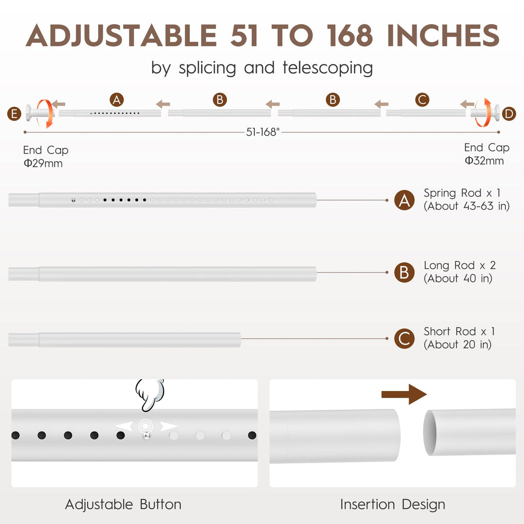 Extra Long Tension Curtain Rod No Drilling, Adjustable 51-168In, White