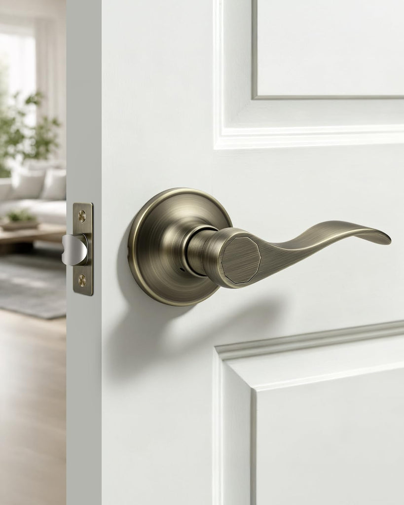 2 Pack Antique Bronze Finish Keyless Interior Door Handle, Vintage Passage Door Lever Closet, Non-Locking Wave Style