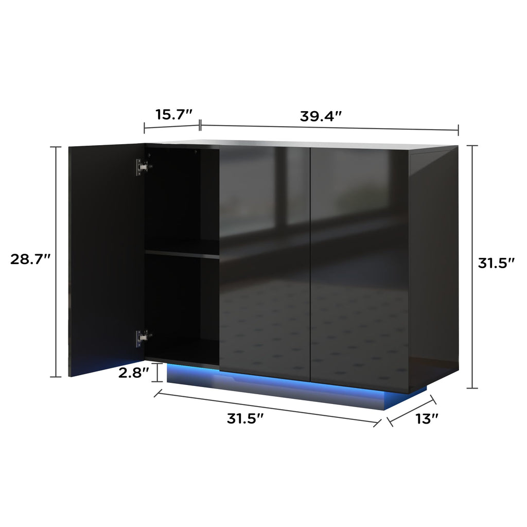 Modern 39.4" High Gloss Buffet Cabinet with LED Lights, Black