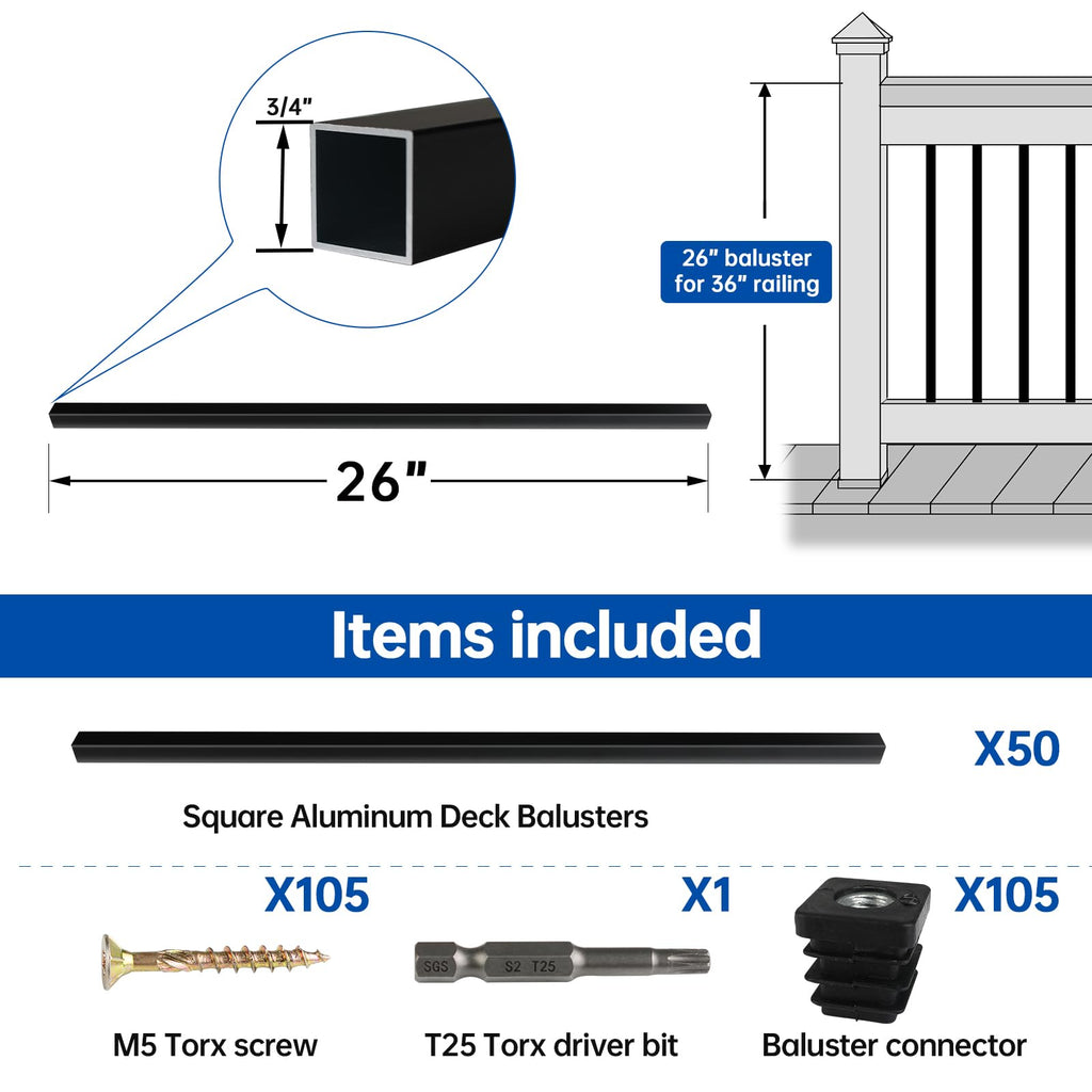 50 Pack 26" Black Aluminum Square Deck Balusters WT12