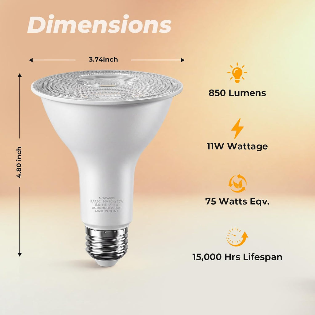 10 Pack PAR30 Flood Light Bulbs Dimmable 75W Equivalent 3000K Warm White