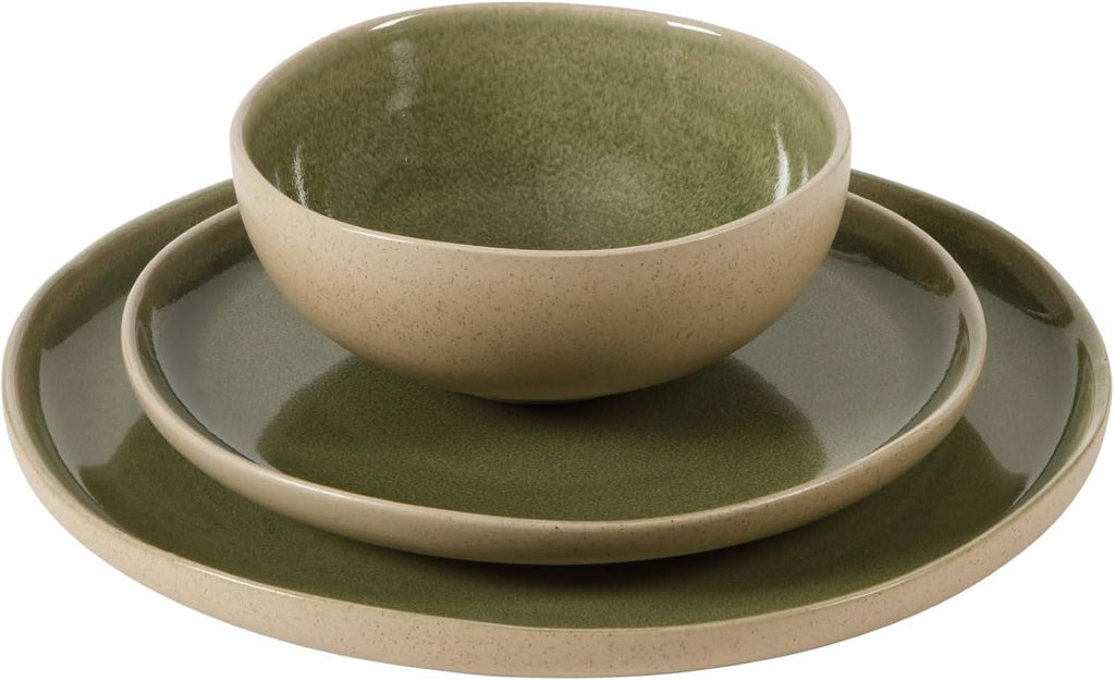 Manila Bay 12-Piece Stoneware Dinnerware Set, Service for 4, Reactive Glaze Modern Artisan Plates, Bowls & Mugs, Green