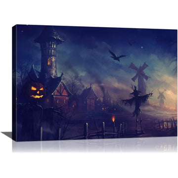 Halloween Home Decoration Ghost Town Canvas Wall Art Scarecrows Under the Windmill Looks at the Sunset Framed Poster