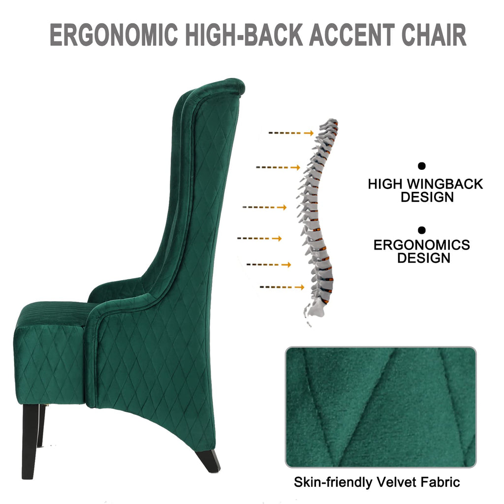 Velvet Modern Wingback Accent Chair, Green, Comfortable Fabric Covering, 20.5"W x 18.9"D x 46"H