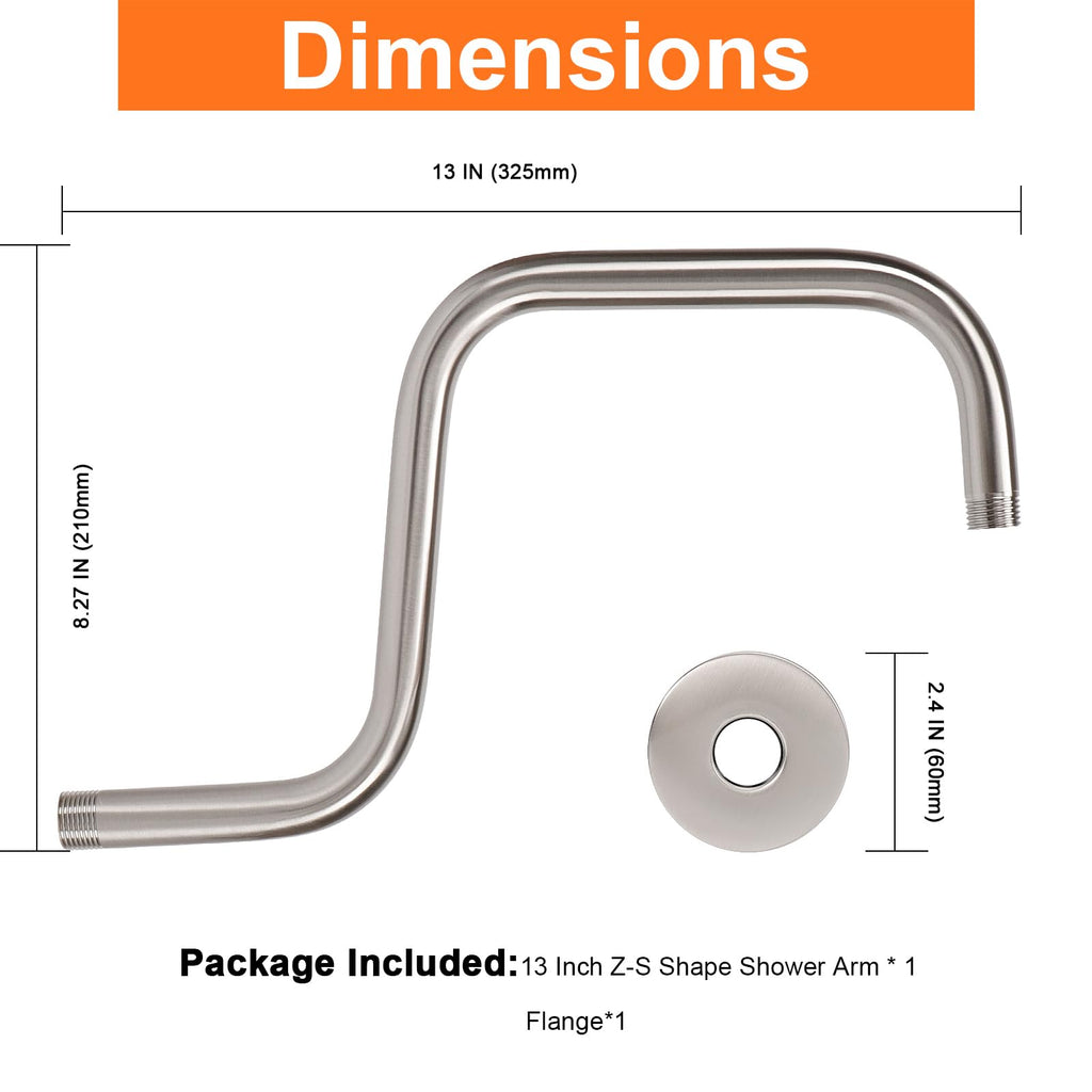 S Shaped Shower Arm, High Rise Shower Head Extension Pipe Standard 1/2" Connection with Flange, Awesome Shower