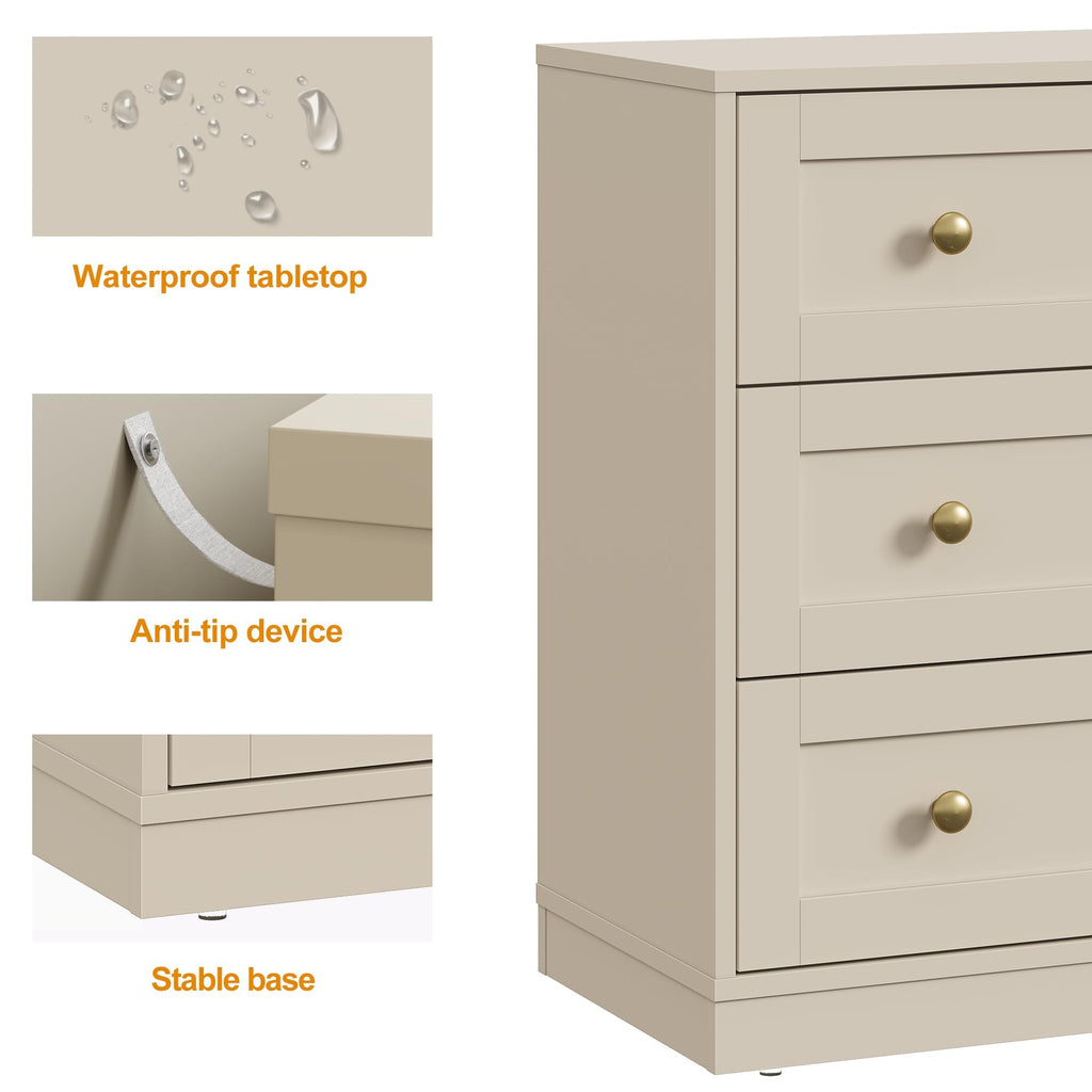 Small 3 Drawer, Beige, Wood Nightstand with Drawers, Modern Chest of Drawers for Closet, Living Room, Entryway