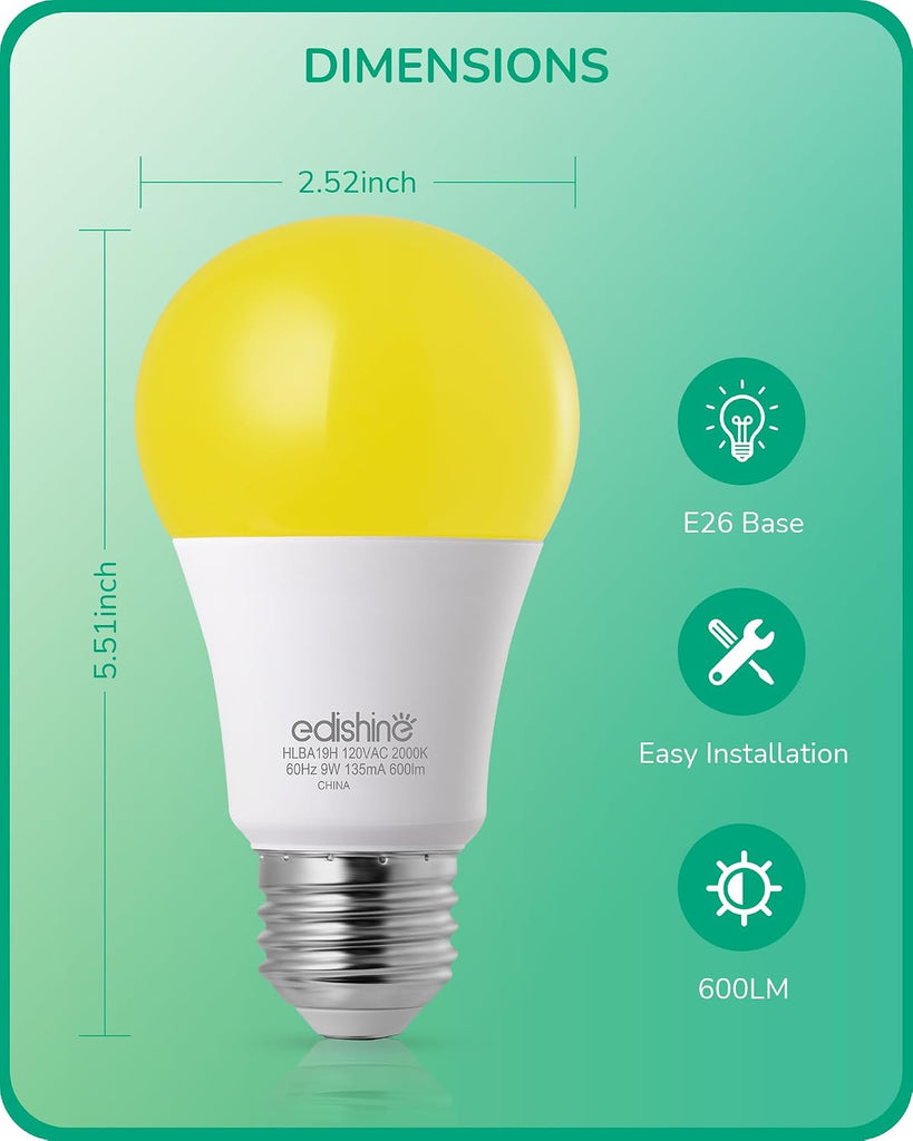 2000K LED Yellow Bug Bulbs, Dusk to Dawn Auto On/Off, 9W, 4-Pack