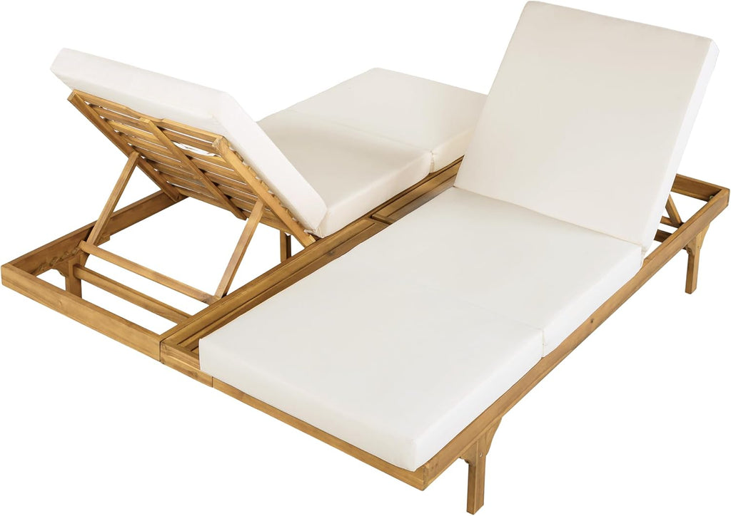 Acacia Wood Chaise Lounge Chair Set of 2, Double/Single Outdoor Sunbathing Pool Lounger with 4'' Triple-Folds