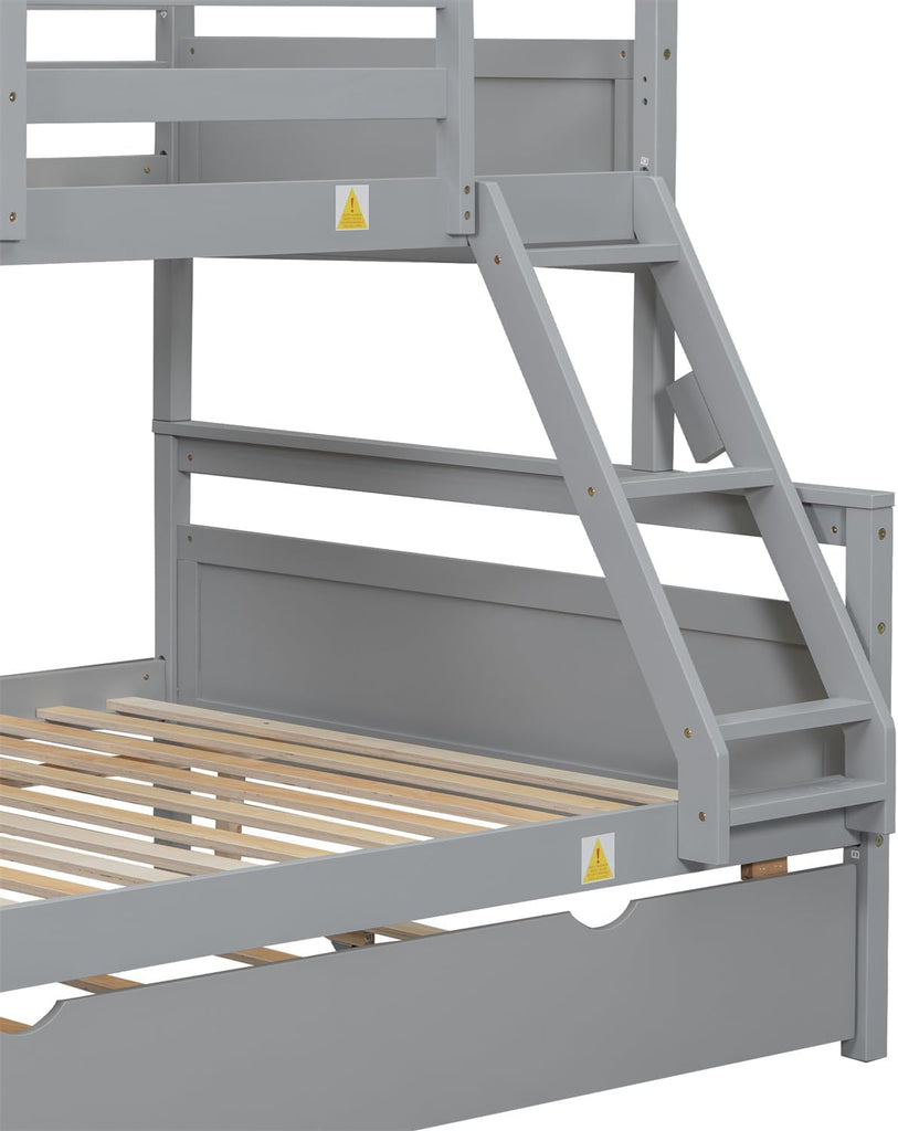 Trundle Bunk Bed, Twin Over Full Wood Bunk Bed with Twin Trundle, Solid Wood Bunk Bed Frame with Guardrail and Ladder