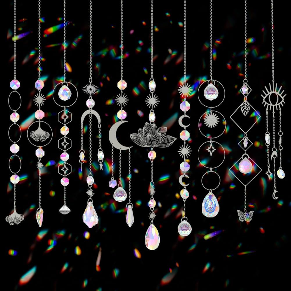 Sun Catchers, 10 Pcs Crystal Suncatcher Prism Hanging Kit for Indoor Window - Rainbow Maker Crystals Balls Pendants