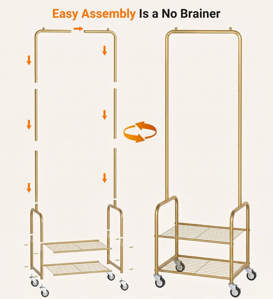 Small Clothes Rack with Shelves, Metal Sturdy Rolling Clothing Racks for Hanging Clothes, Portable Garment Rack with