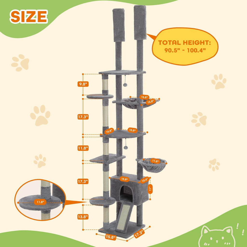 Floor to Ceiling Cat Tree, Height Adjustable 90.5-100.4'', Grey