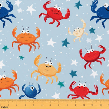 Watercolor Crab Fabric by The Yard, Ocean Theme Sealife Fabric, Cartoon Cute Sea Animals Fabric Decor, Geometric Star