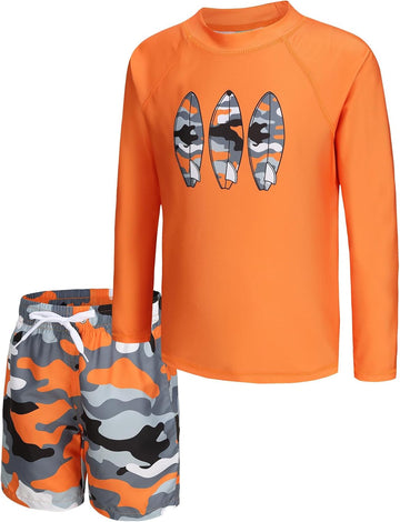 Boys Two Piece Rash Guard Swimsuits Set with Swim Trunk Kids Long Sleeve Bathing Suit Swimwear Set