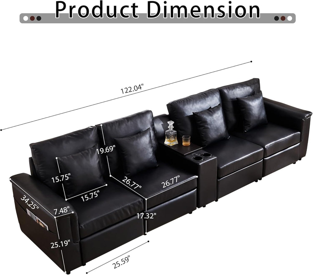 Faux Leather Sectional Sofa, Modern Leather 4 Seater Couch with Pillows and Storage Console, Modular Cloud Sofa, Black