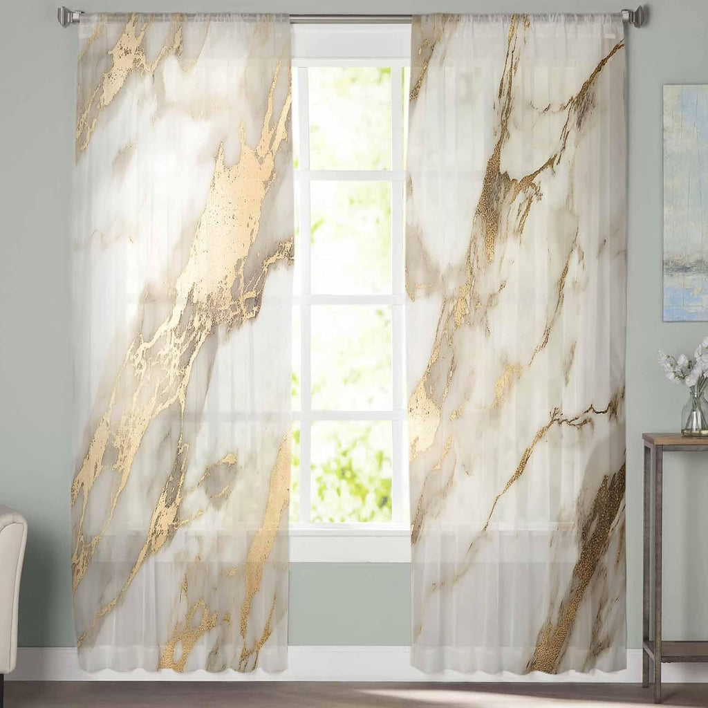 Sheer Curtains 96 Inches Long, Marble Gold Light Filtering Window Curtains , Abstract Luxury Wave Gold Marbling