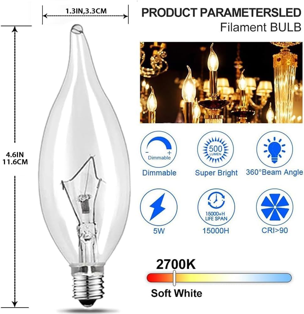 12- Pack E12 Candle Light Bulbs,60W Candelabra Light Bulbs, B10 Clear Candle Base Bulb with Warm White 2700K, 600
