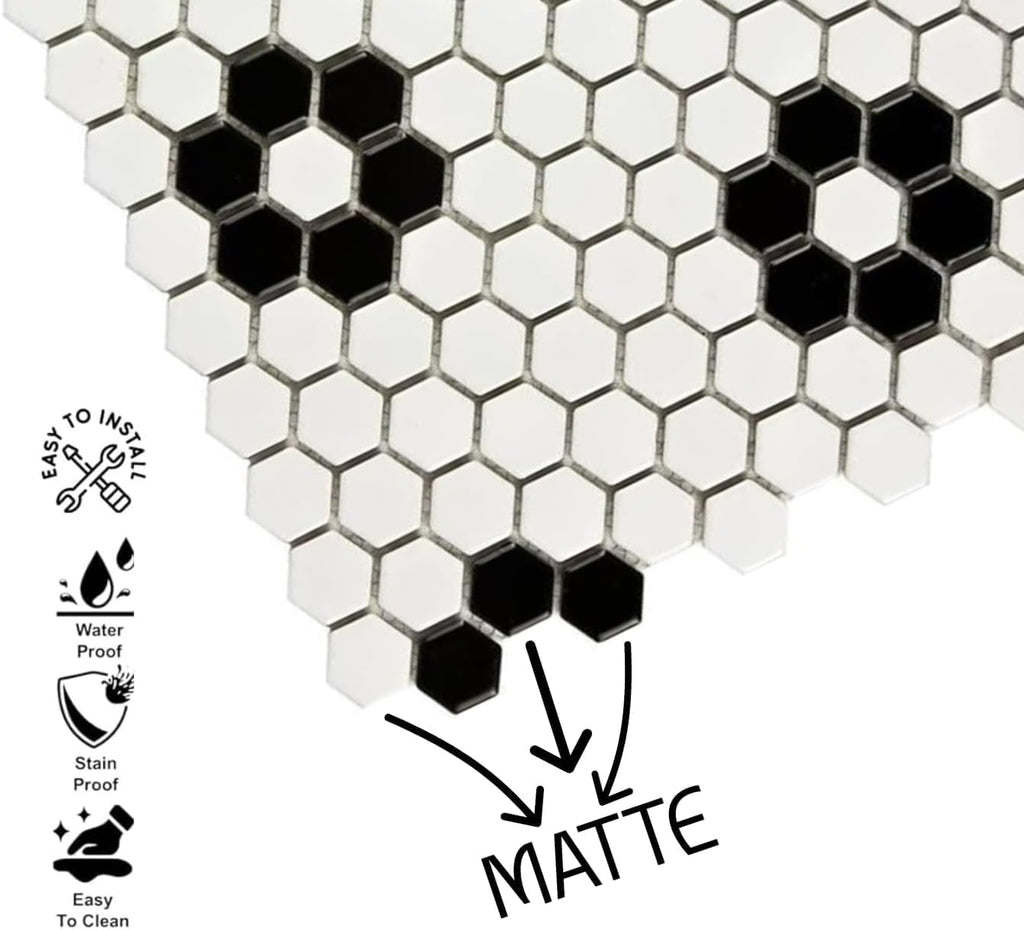 Hexagon Matte White with Black Hexagon Flower Pattern Porcelain Mosaic Floor and Wall Tile Backsplash, Bathroom