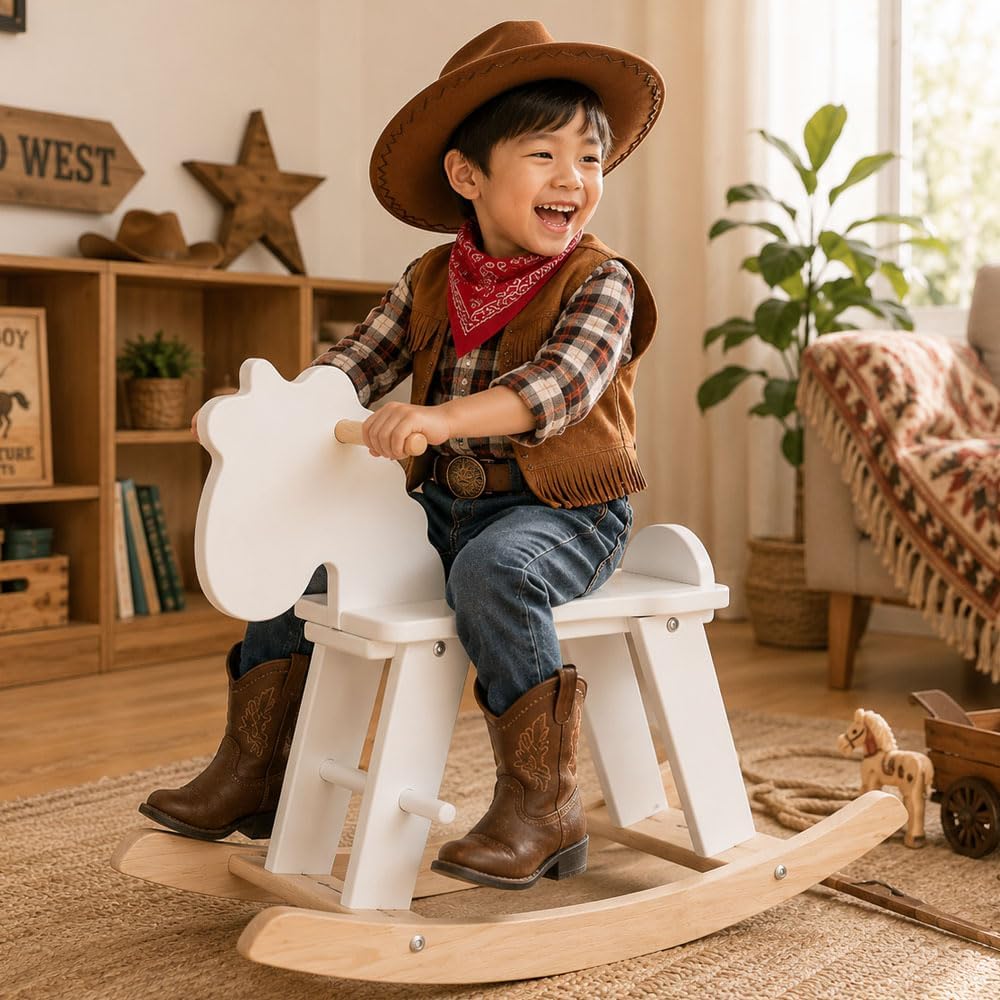 White Wooden Rocking Horse for Preschool (Ages 3-6) - Solid Rubber Wood, Safe & Comfortable Footrest, Supports