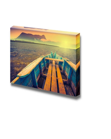 Sunrise on a Mountain Lake with Rustic Wooden Boat and Old Foggy Volcano on a Skyline Vintage Colors - Canvas Wall