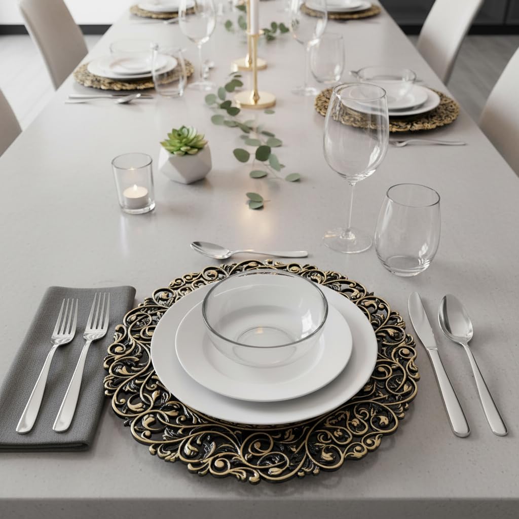 13inch Round Plastic Charger Plates, Set of 8, Charger Plates for Dinner, Wedding, Party, Event Decoration. (Black gold