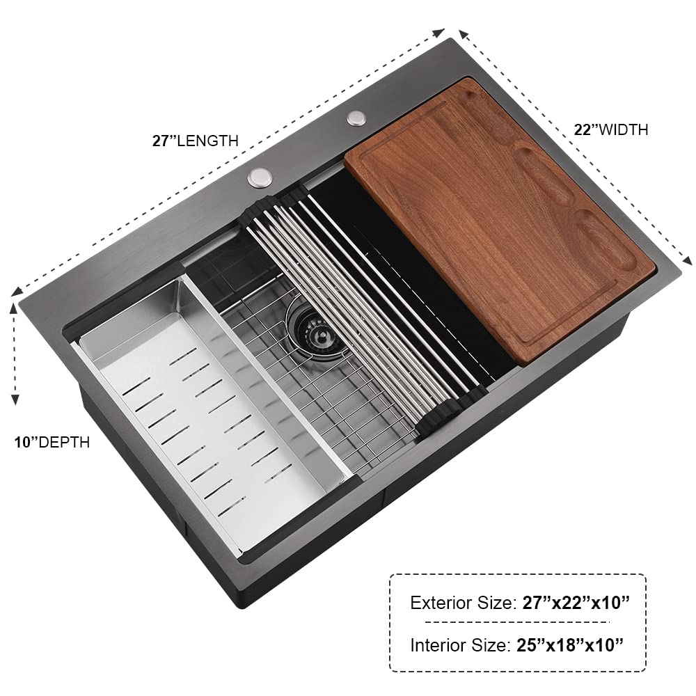 27 x 22 Drop Sink Black Stainless Steel Sink Workstation