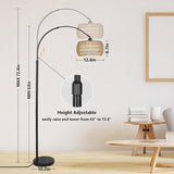 Arc Floor Lamps with 3 Color Temperatures, Black Standing Lamp with Remote & Dimmable LED Bulb, Rattan Boho Floor Lamp