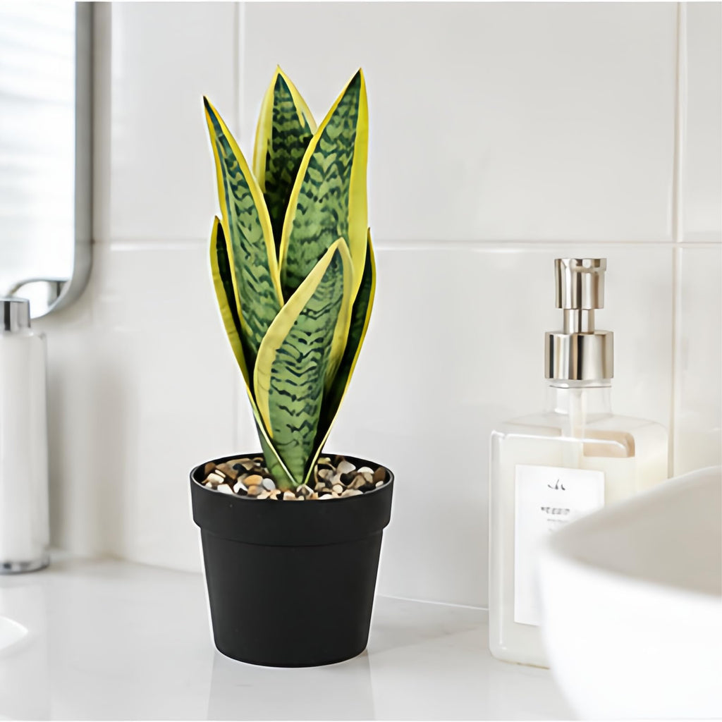 Mini plants Small Artificial Snake Plant in Black Pot 10.5" - Green
