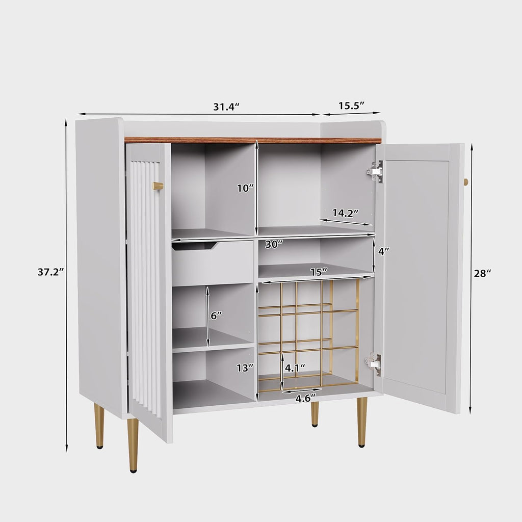 Modern 32 inch Wide Coffee Bar Cabinet with Wine Storage, Liquor Cabinet with Glass Holder & Grid Rack, Fluted
