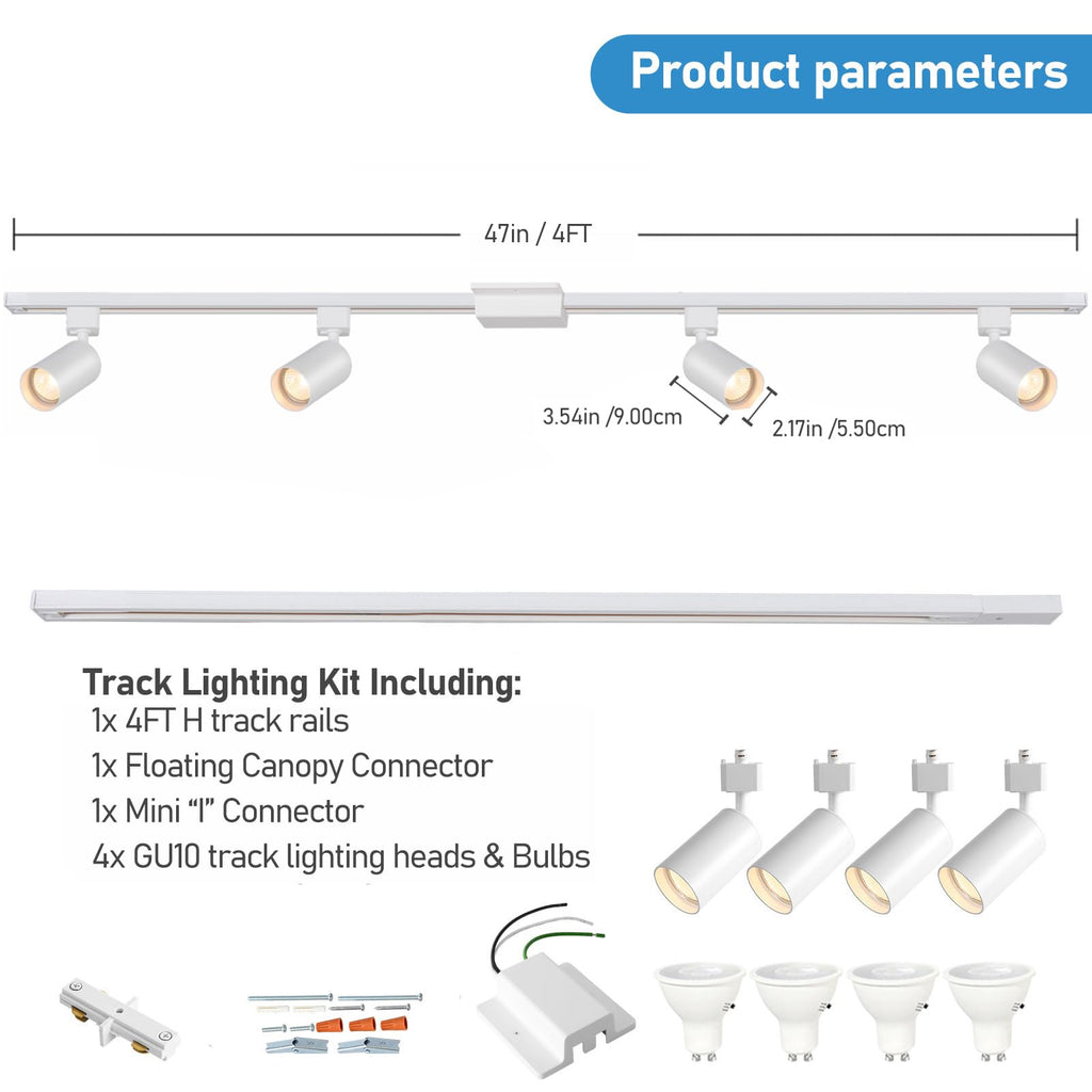 4FT LED Track Lighting Kit with 3-Color GU10 Bulbs, Dimmable 4 Lights White