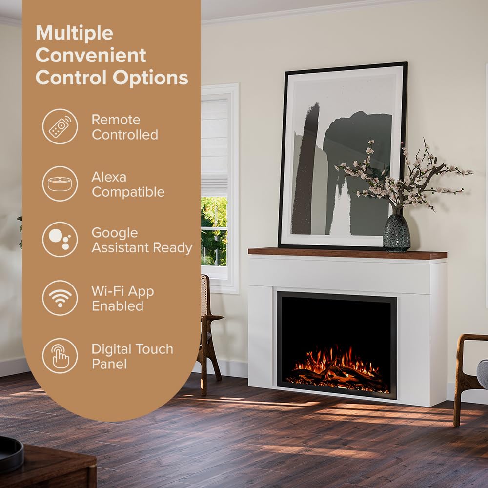 Sabrina Smart Electric Fireplace Mantel Package | 33" Firebox Heater | Sleek Design w/Walnut Finish Mantel