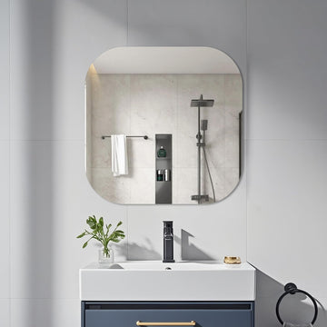 24" Frameless Square Bathroom Mirror, Tempered Glass Wall Mirror, HD Vanity Mirror Decor, Polished Rounded Edges